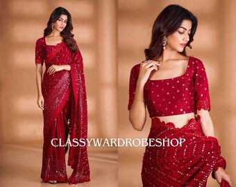 premium  Red Sequin Designer party wear saree, georgette saree, indian festival wear sari for women, Red saree Bridesmaids saree party dress