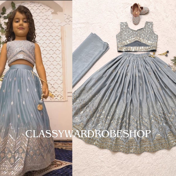 Grey Wedding Wear kids lehenga, kids dress Ready To Wear girls lehenga, Full Stitched kids dress Sequins embroidered Lehenga For kids