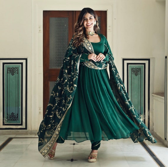 Mehndi Green Heavy Embroidery Georgette Anarkali Gown - Urban Womania