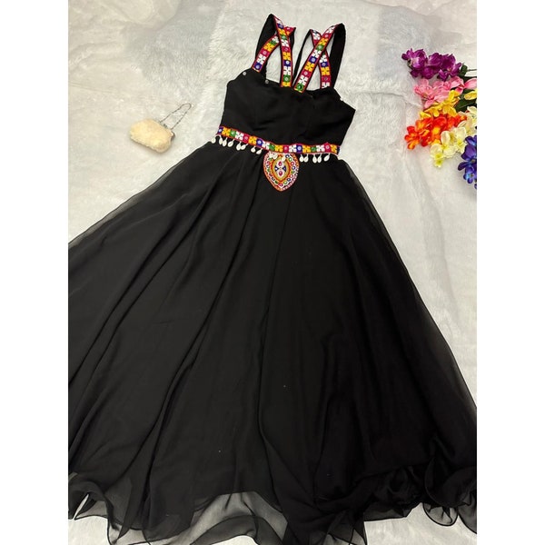 Black Color Georgette Gamthi Work Navratri Dress, Navratri Garba Dress, Navratri Special Traditional Gown, Gamthi Work Navratri Long Gown