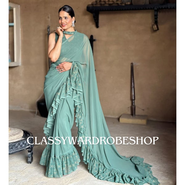 Designer Georgette Saree for women, Designer saree Ruffle saree, Indian sari partywear sari Ready to wear saree, warp in 1 min dress