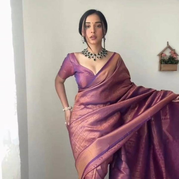 Saree premium en soie lichi douce, saris de mariage indiens Etats-Unis, tissage contrasté riche pallu, sari précousu, tenue de fête, sari avec chemisier