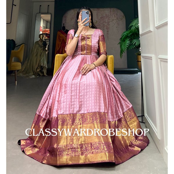 Premium Kanjivaram Gown, Anarkali Wedding Gown South Indian Gown Festival Wear anarkali dress, Indian Outfit Full Stitched Up to 6XL