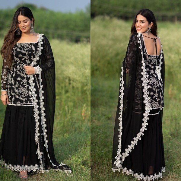 Stylish Black Sharara suit, Indian wedding sharara dress for women, 3 piece sharara set with dupatta,  heavy georgette sharara suit