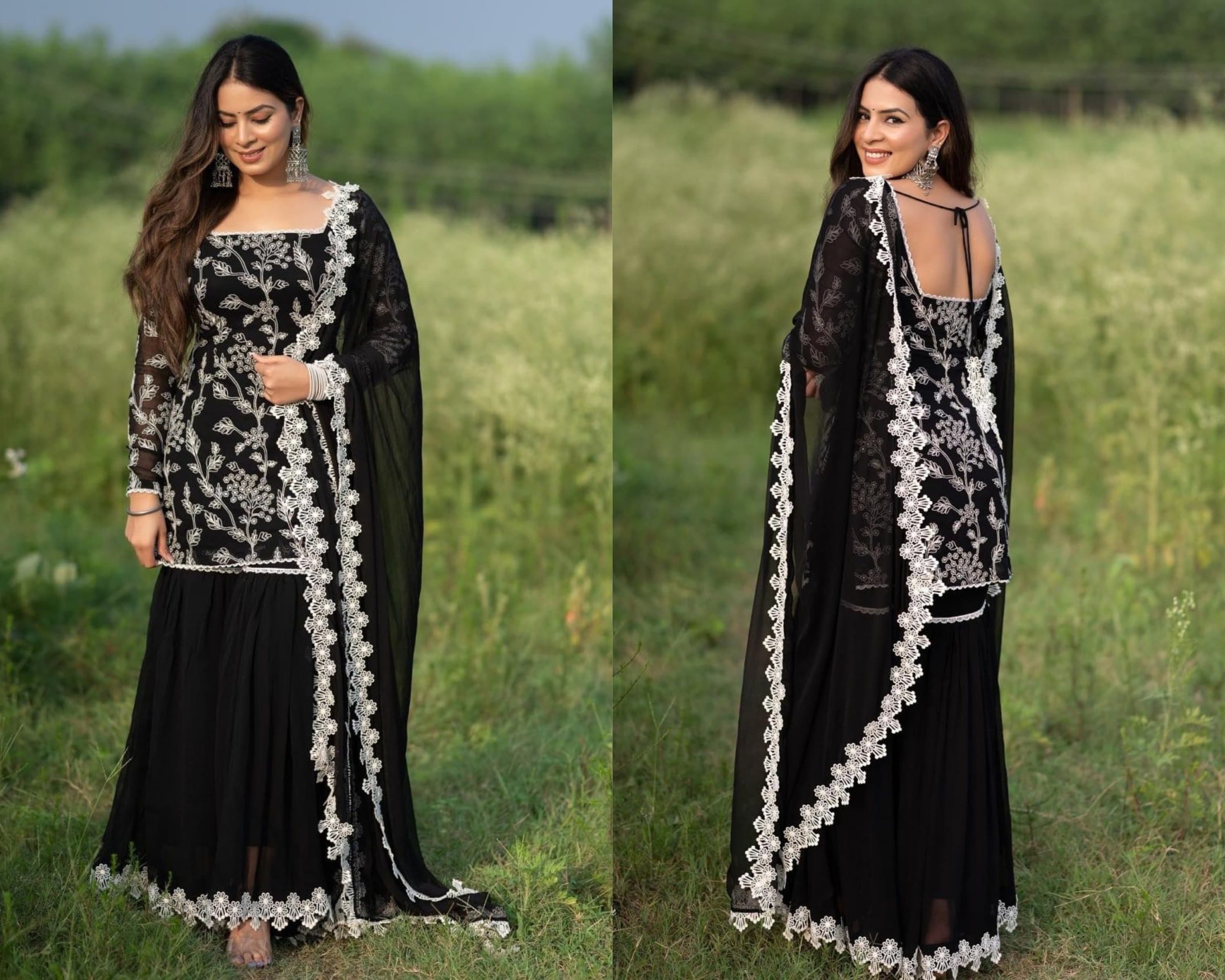 TRENDMALLS Women's Net Embroidery Salwar Suit Set Kurta Sharara with  Dupatta (TM.G76-SkyBlue-S) : Amazon.in: Fashion