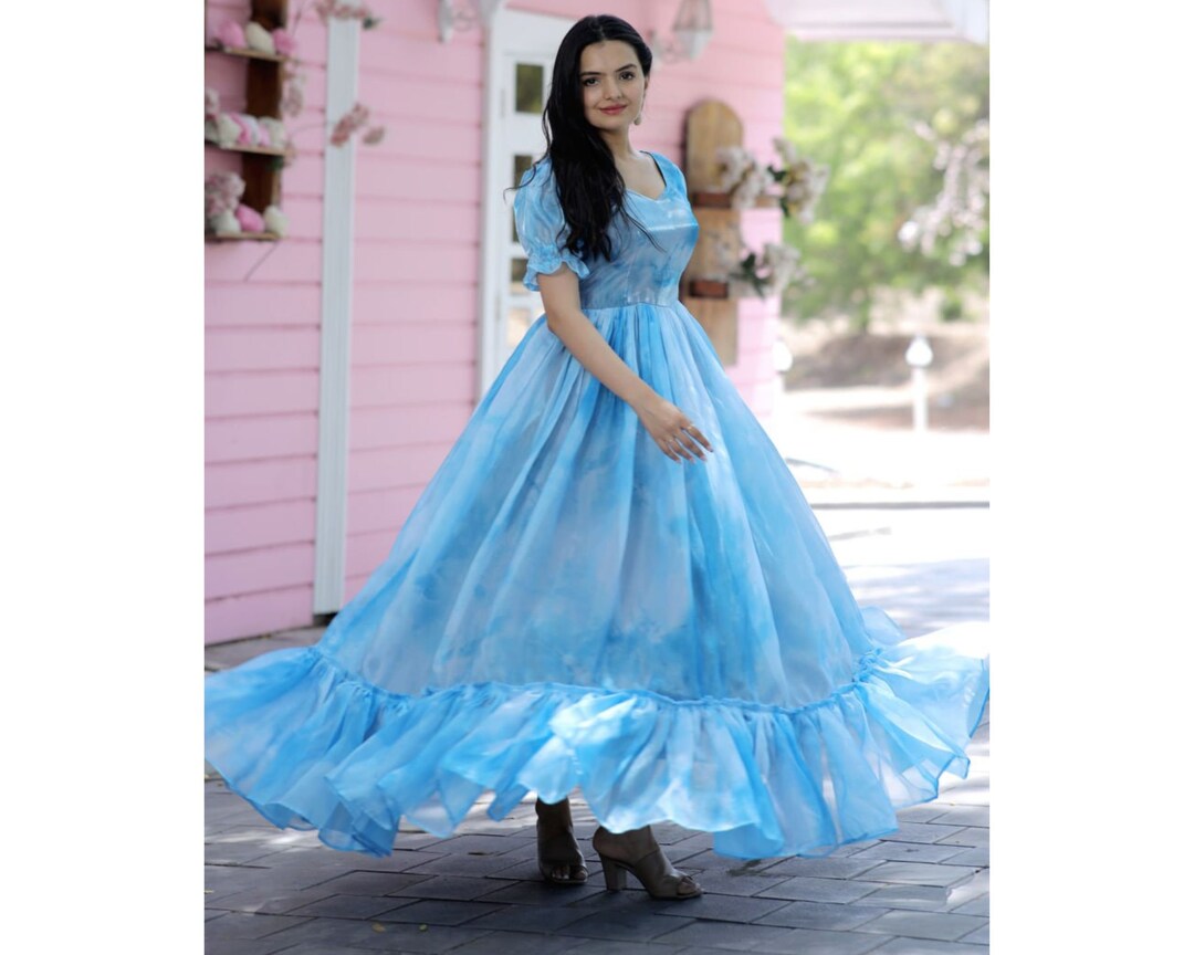Anarkali Flared Dress with Foil Print and Layered Bell Sleeves