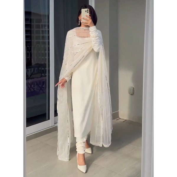 White Salwar Kameez, Indian Kurtis for women, Heavy Soft Georgette salwar suit, Pakistani salwar with dupatta set, Indian simple dress
