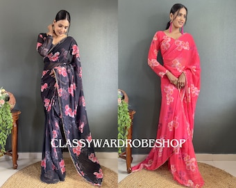 Saree floral de créateur pour femme, tenue de soirée indienne sari georgette sari prêt-à-porter, sari noir avec bordure en dentelle perlée cousue