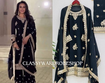 Black Sharara Set With Dupatta, Heavy Chinon 3 pc set, Indian Party wear Designer Dress, Pakistani Readymade dress, Sequence work suit