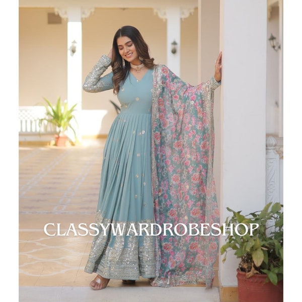 Beautiful Anarkali Gown Full Stitched Gown, Indian Wedding wear Gown, Party wear Gown 3 Piece Suit, Long Gown With Dupatta Attached Pads