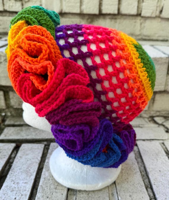 Mesh Crochet Ruffle Hat Rainbow (dramatic) - Etsy display picture 3