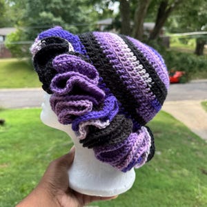 Black Crocheted Beanie with Pastel Multicolor Ruffle Crochet Ruffle Hat Rainbow (dramatic) - Etsy main image 3