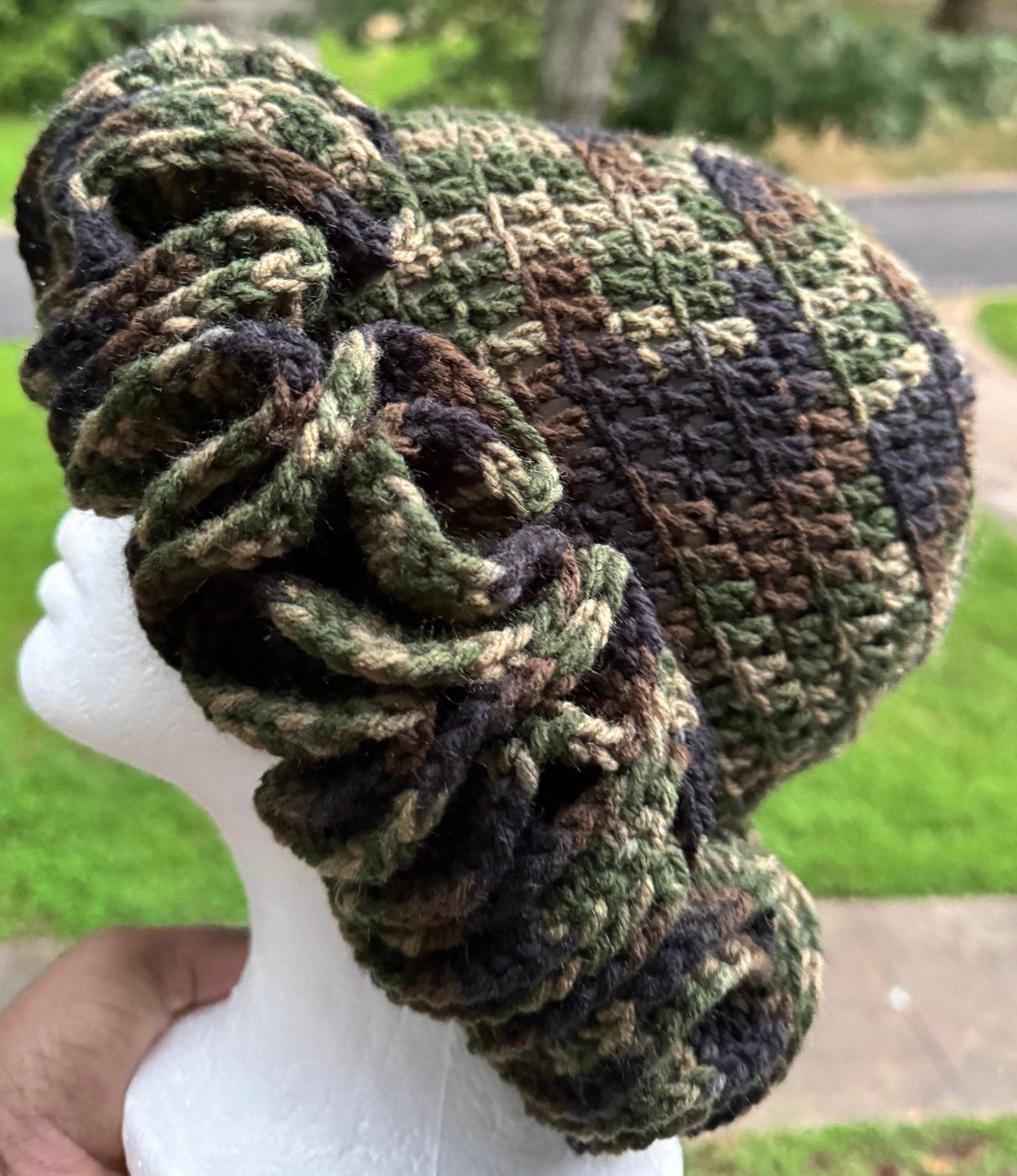 Handmade Lavender and Camo Crochet Ruffle Hat - Women Accessories Forest Stripe Ruffle Hat Crochet Tutorial | TikTok main image 3