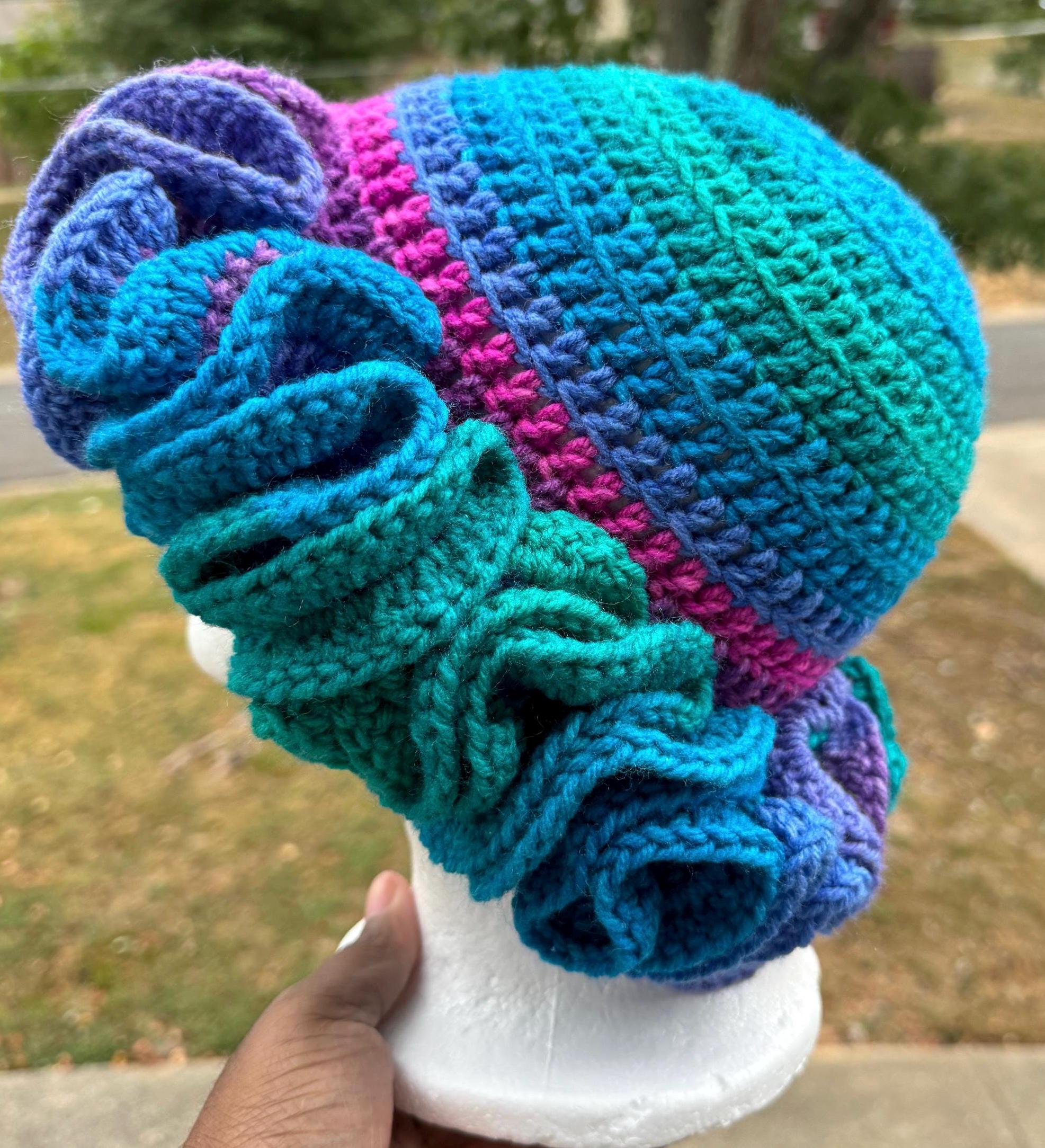 Mermaid Purple & Blue Handcrafted Acrylic Crochet Ruffle Hat OS Mermaid Crochet Ruffle Hat: Iridescent Whimsical Style - Etsy main image 3