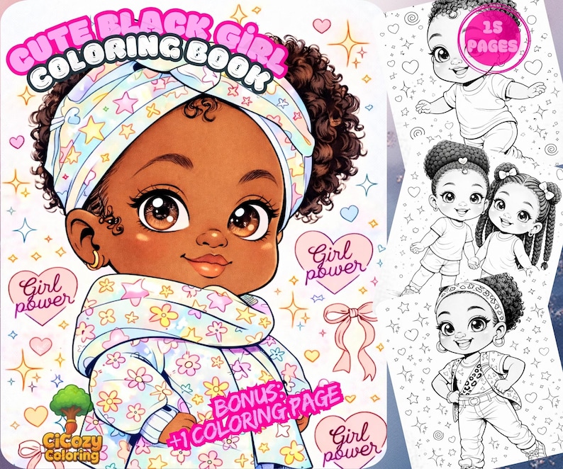 Cute Black Girl Coloring Book | Girl Power Chibi Art | Relaxing Printable Pages for Kids & Adults | Creative Gift image 1