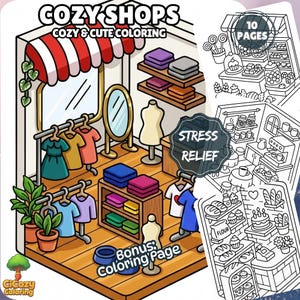 Cozy Shops Coloring Pages | Cafe & Store Coloring Book PDF | 10 Aesthetic Shop Interiors | Adult Coloring Pages | Instant Download