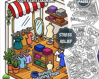 Cozy Shops Coloring Pages | Cafe & Store Coloring Book PDF | 10 Aesthetic Shop Interiors | Adult Coloring Pages | Instant Download