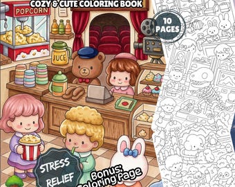 Cozy Town Coloring Book for Adults | 10 Cute Kawaii Scene Pages | Printable PDF Coloring Sheets | Instant Digital Download
