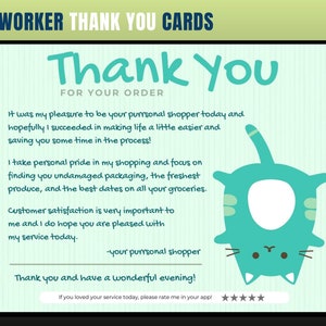 Cartão de agradecimento com tema de gato, cartão de agradecimento de personal shopper, agradecimento do cliente, cartão de agradecimento, obrigado, comprador de supermercado, personal shopper
