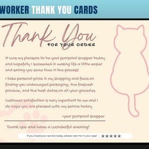 Cartão de agradecimento com tema de gato, cartão de agradecimento de personal shopper, agradecimento do cliente, cartão de agradecimento, obrigado, comprador de supermercado, personal shopper