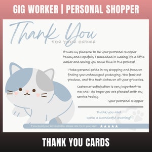 Cartão de agradecimento com tema de gato, cartão de agradecimento de personal shopper, agradecimento do cliente, cartão de agradecimento, obrigado, comprador de supermercado, personal shopper