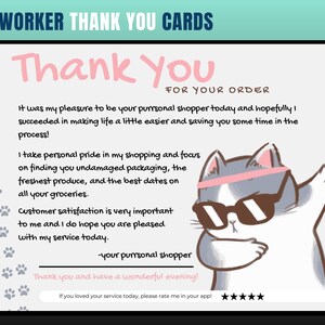 Cartão de agradecimento com tema de gato, cartão de agradecimento de personal shopper, agradecimento do cliente, cartão de agradecimento, obrigado, comprador de supermercado, personal shopper