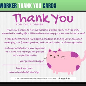 Cartão de agradecimento com tema de gato, cartão de agradecimento de personal shopper, agradecimento do cliente, cartão de agradecimento, obrigado, comprador de supermercado, personal shopper