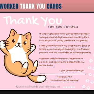 Cartão de agradecimento com tema de gato, cartão de agradecimento de personal shopper, agradecimento do cliente, cartão de agradecimento, obrigado, comprador de supermercado, personal shopper
