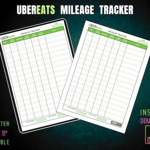 Pode incluir: Duas folhas de rastreamento de quilometragem UberEats para impressão. Cada folha tem fundo branco com linhas pretas e detalhes verdes. O texto "UBEREATS MILEAGE TRACKER" está no topo. As folhas são tamanho US Letter, 21,59 cm x 27,94 cm, e são um download instantâneo.