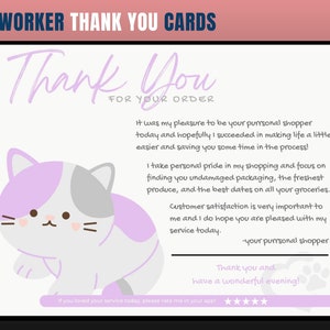 Cartão de agradecimento com tema de gato, cartão de agradecimento de personal shopper, agradecimento do cliente, cartão de agradecimento, obrigado, comprador de supermercado, personal shopper