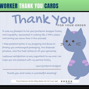 Cartão de agradecimento com tema de gato, cartão de agradecimento de personal shopper, agradecimento do cliente, cartão de agradecimento, obrigado, comprador de supermercado, personal shopper