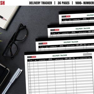 May include: Four black and white printable delivery tracker sheets with the text "DOORDASH DELIVERY TRACKER" at the top of each sheet. The sheets are laid out on a dark gray surface with a green plant, a pair of glasses, a silver pen, and a black notebook.