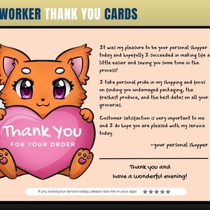Cartão de agradecimento com tema de gato, cartão de agradecimento de personal shopper, agradecimento do cliente, cartão de agradecimento, obrigado, comprador de supermercado, personal shopper