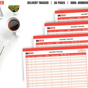 Può includere: Un set di quattro quaderni di tracciamento delle consegne di colore rosso e bianco con il testo "GIGDRIVER" e "DELIVERY TRACKER" stampato sulla copertina. I quaderni hanno 36 pagine e oltre 1000 voci numerate.
