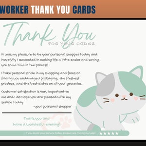 Cartão de agradecimento com tema de gato, cartão de agradecimento de personal shopper, agradecimento do cliente, cartão de agradecimento, obrigado, comprador de supermercado, personal shopper
