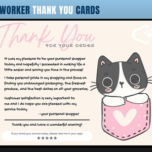 Cartão de agradecimento com tema de gato, cartão de agradecimento de personal shopper, agradecimento do cliente, cartão de agradecimento, obrigado, comprador de supermercado, personal shopper