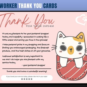 Cartão de agradecimento com tema de gato, cartão de agradecimento de personal shopper, agradecimento do cliente, cartão de agradecimento, obrigado, comprador de supermercado, personal shopper