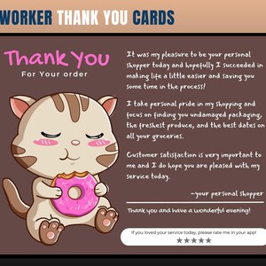 Cartão de agradecimento com tema de gato, cartão de agradecimento de personal shopper, agradecimento do cliente, cartão de agradecimento, obrigado, comprador de supermercado, personal shopper