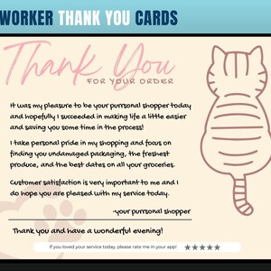 Cartão de agradecimento com tema de gato, cartão de agradecimento de personal shopper, agradecimento do cliente, cartão de agradecimento, obrigado, comprador de supermercado, personal shopper