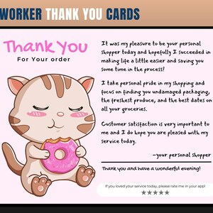 Cartão de agradecimento com tema de gato, cartão de agradecimento de personal shopper, agradecimento do cliente, cartão de agradecimento, obrigado, comprador de supermercado, personal shopper