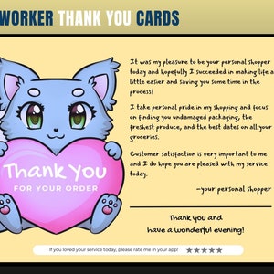 Cartão de agradecimento com tema de gato, cartão de agradecimento de personal shopper, agradecimento do cliente, cartão de agradecimento, obrigado, comprador de supermercado, personal shopper