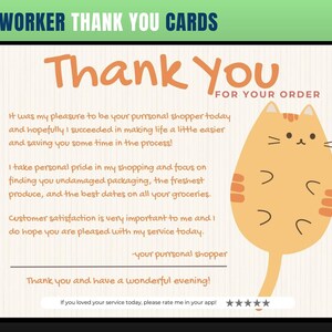 Cartão de agradecimento com tema de gato, cartão de agradecimento de personal shopper, agradecimento do cliente, cartão de agradecimento, obrigado, comprador de supermercado, personal shopper