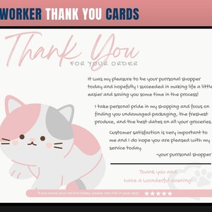 Cartão de agradecimento com tema de gato, cartão de agradecimento de personal shopper, agradecimento do cliente, cartão de agradecimento, obrigado, comprador de supermercado, personal shopper