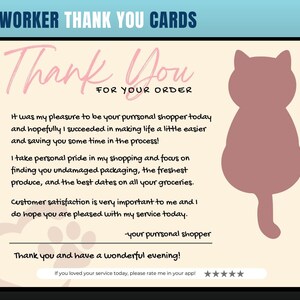 Cartão de agradecimento com tema de gato, cartão de agradecimento de personal shopper, agradecimento do cliente, cartão de agradecimento, obrigado, comprador de supermercado, personal shopper