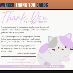 Cartão de agradecimento com tema de gato, cartão de agradecimento de personal shopper, agradecimento do cliente, cartão de agradecimento, obrigado, comprador de supermercado, personal shopper