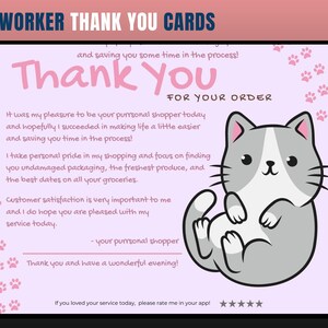 Cartão de agradecimento com tema de gato, cartão de agradecimento de personal shopper, agradecimento do cliente, cartão de agradecimento, obrigado, comprador de supermercado, personal shopper