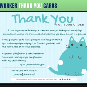Cartão de agradecimento com tema de gato, cartão de agradecimento de personal shopper, agradecimento do cliente, cartão de agradecimento, obrigado, comprador de supermercado, personal shopper
