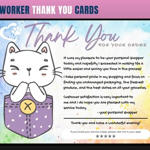 Cartão de agradecimento com tema de gato, cartão de agradecimento de personal shopper, agradecimento do cliente, cartão de agradecimento, obrigado, comprador de supermercado, personal shopper