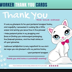 Cartão de agradecimento com tema de gato, cartão de agradecimento de personal shopper, agradecimento do cliente, cartão de agradecimento, obrigado, comprador de supermercado, personal shopper