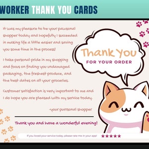 Cartão de agradecimento com tema de gato, cartão de agradecimento de personal shopper, agradecimento do cliente, cartão de agradecimento, obrigado, comprador de supermercado, personal shopper